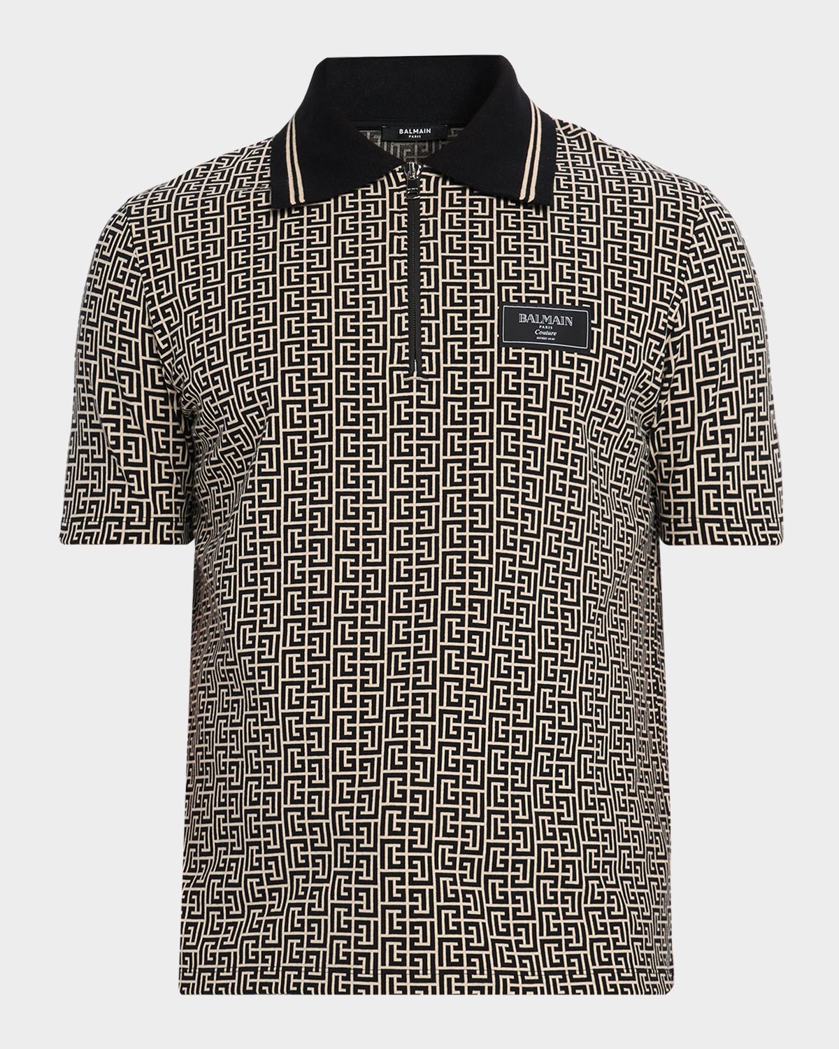 Balmain Men 's Monogram Couture-Label Quarter-Zip Polo Shirt