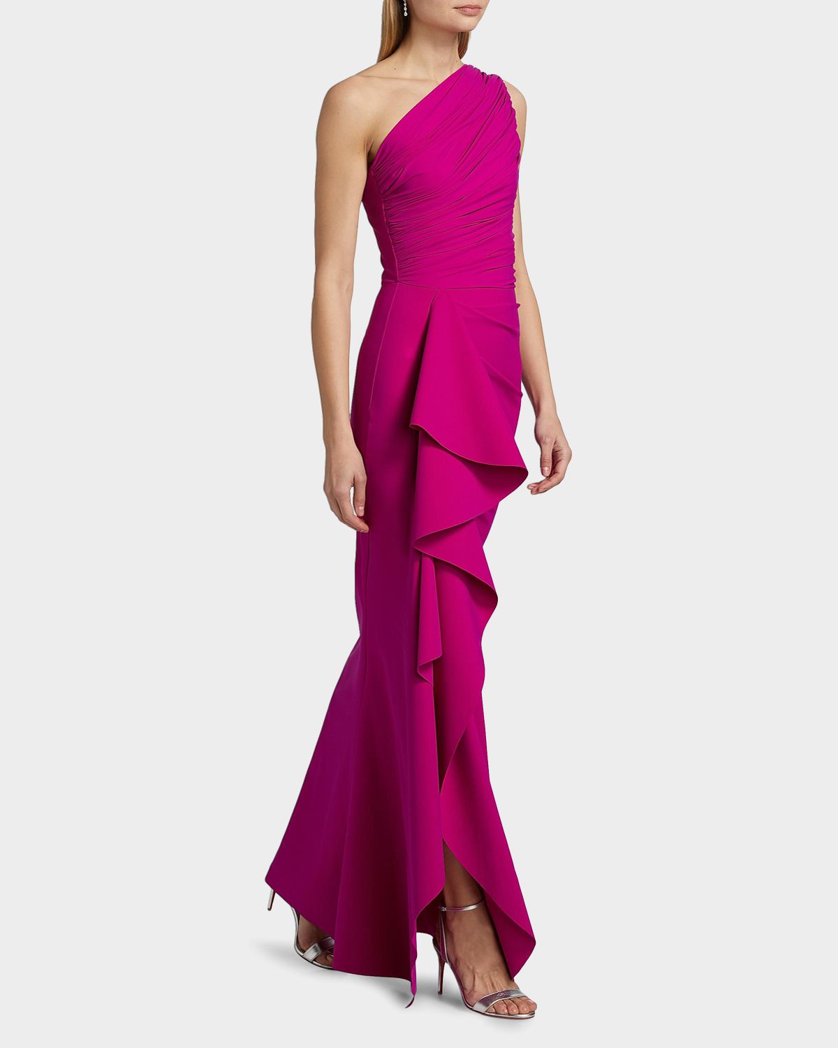 Chiara Boni La Petite Robe Ruched One-Shoulder Ruffle Gown