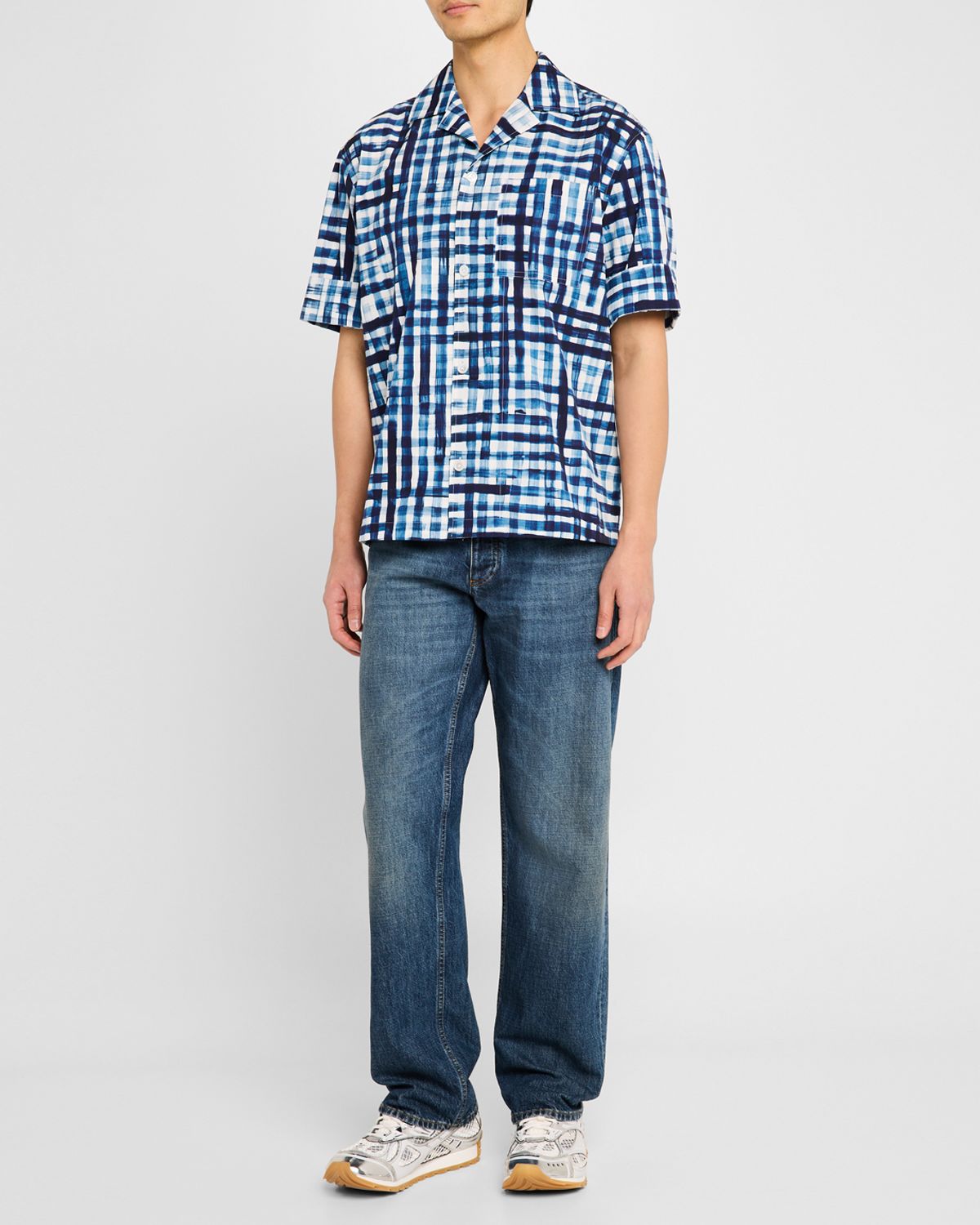 Bottega Veneta Men 's Painted Gingham Camp Shirt