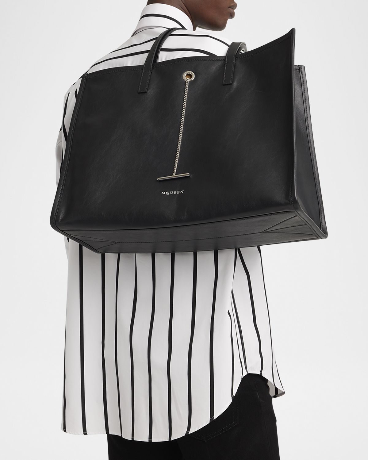McQueen Men 's T-Bar Pendant Leather Tote Bag