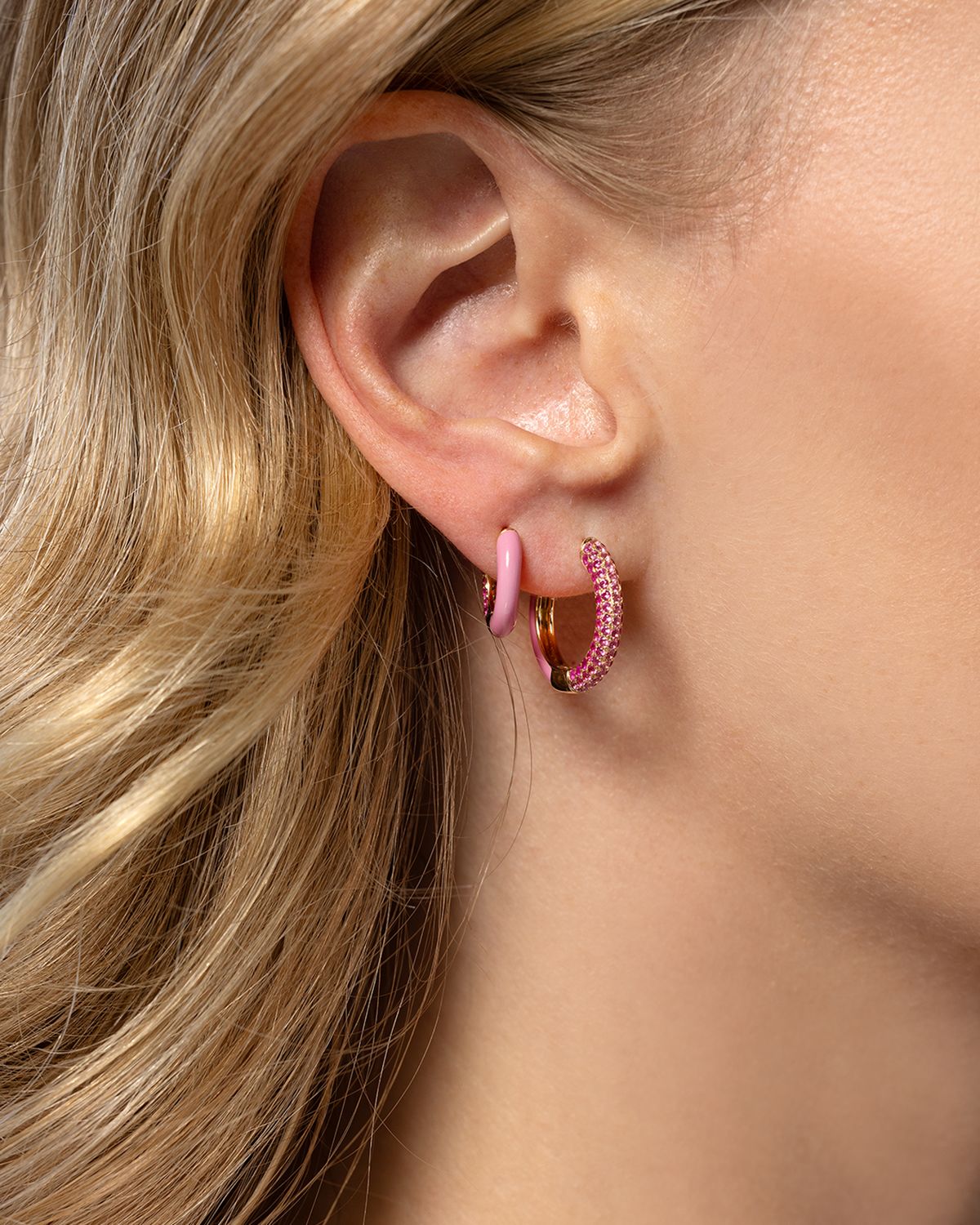 Emily P. Wheeler Baby Duo 18K Yellow Gold and Pink Enamel Earrings with Ombre Stones