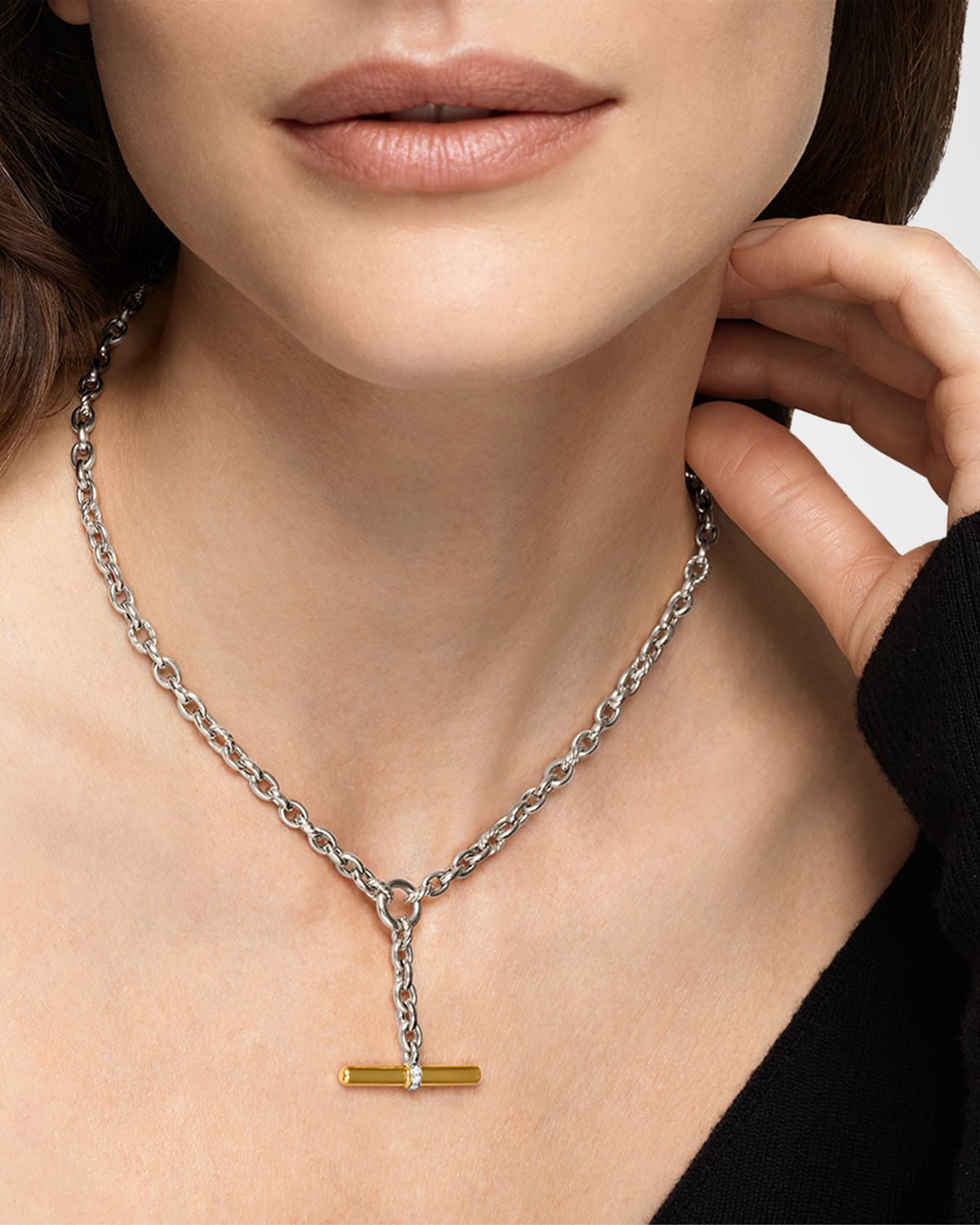 David Yurman DY Mercer Petite Toggle Necklace with Diamonds in Silver and 18K Gold, 4.5mm