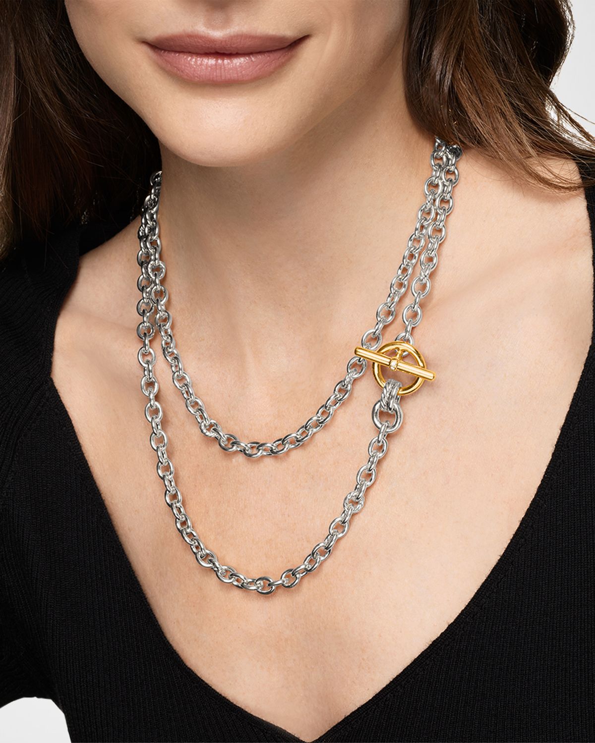 David Yurman DY Mercer Double Row Toggle Necklace with Diamonds in Silver and 18K Gold, 5mm