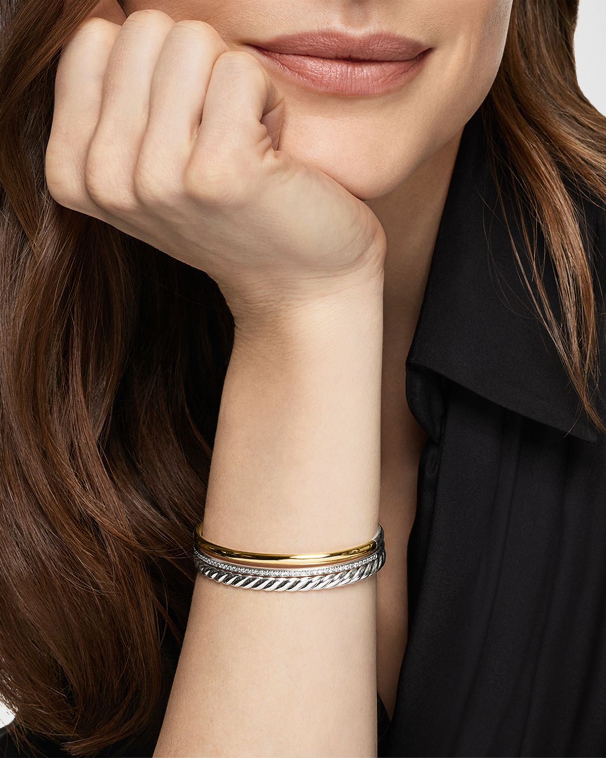 David Yurman DY Mercer 3 Row Bracelet with Diamonds in Silver and 18K Gold, 10mm