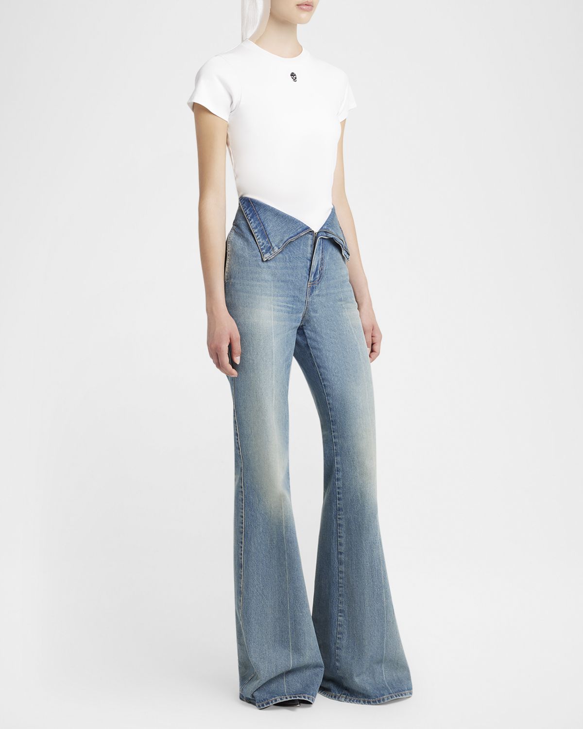 McQueen Foldover-Waist Denim Flare Trousers
