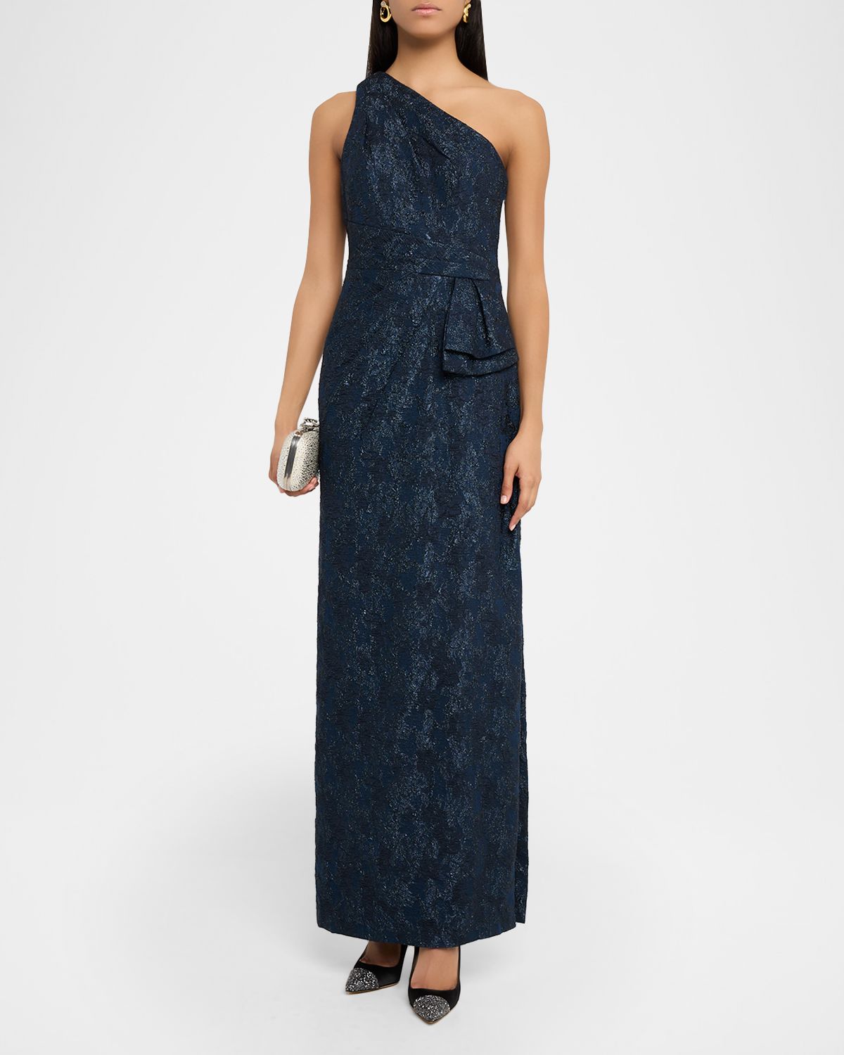 Aidan Mattox One-Shoulder Metallic Jacquard Column Gown