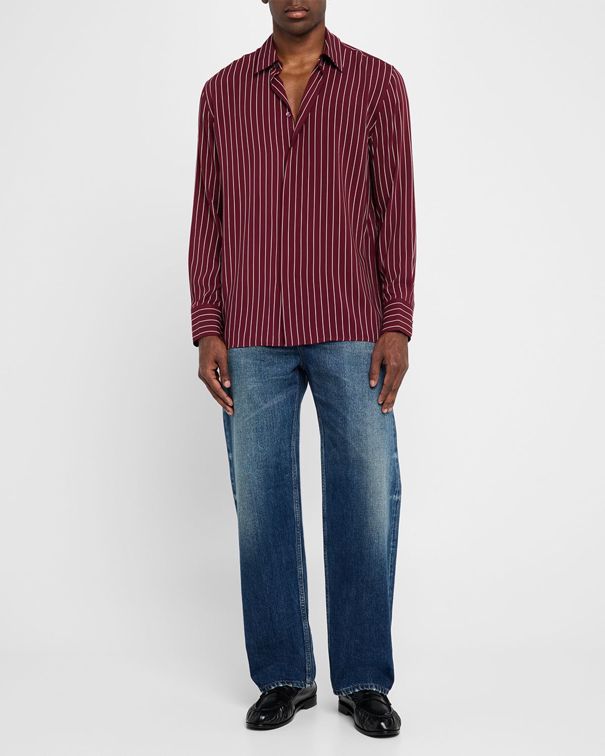 Saint Laurent Men 's Vertical Stripe Silk Sport Shirt