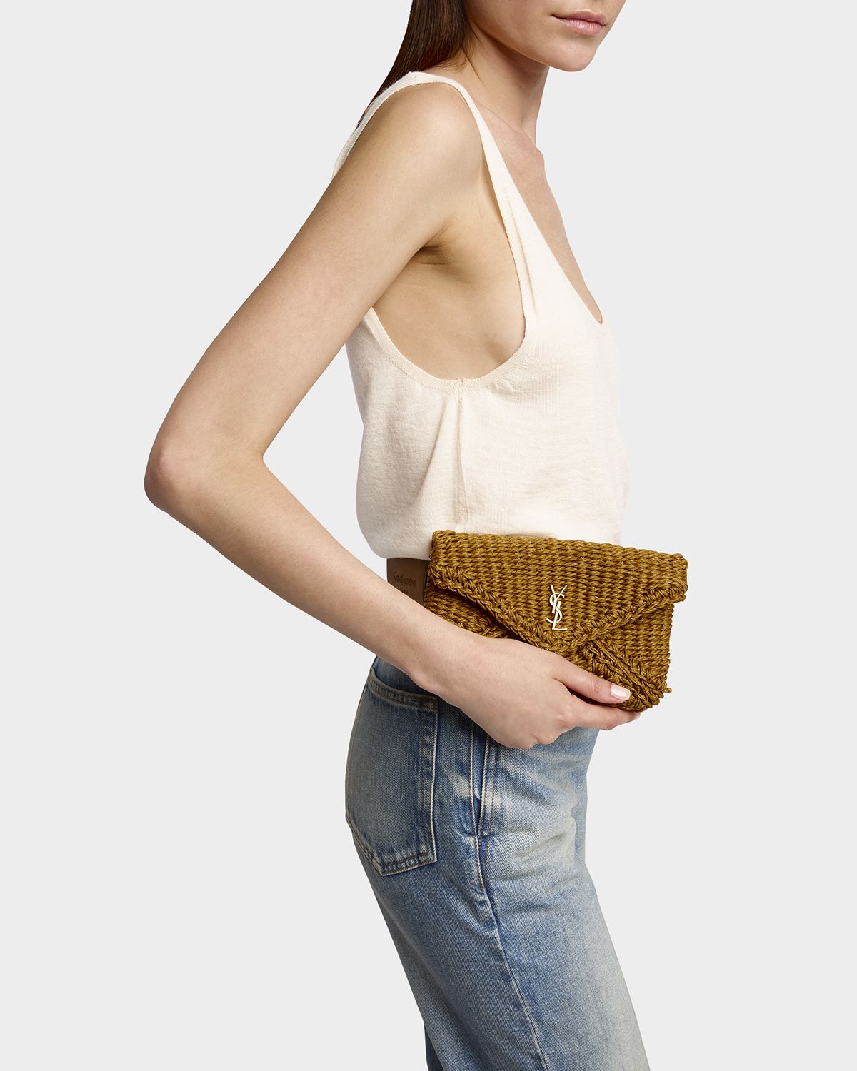 Saint Laurent Cassandre Small YSL Clutch Bag in Raffia