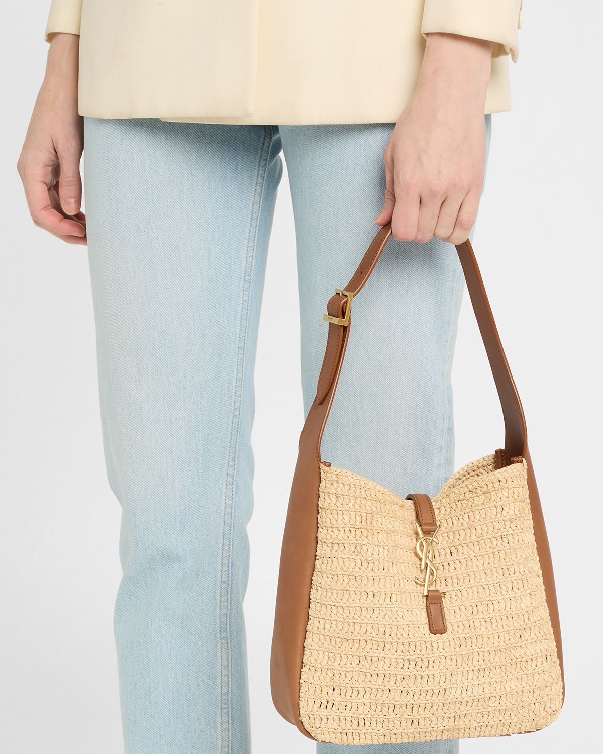 Saint Laurent Le 5 A 7 Small Hobo Bag in Raffia and Leather