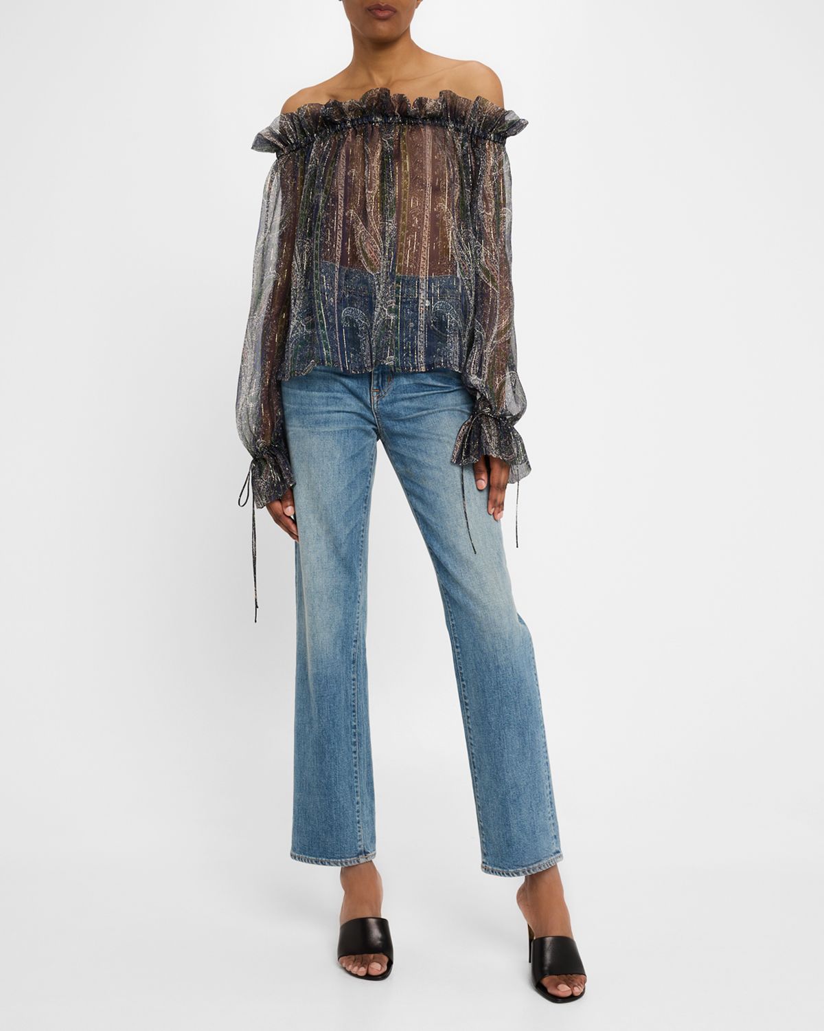Saint Laurent Metallic Paisley Ruffle Off-The-Shoulder Blouse