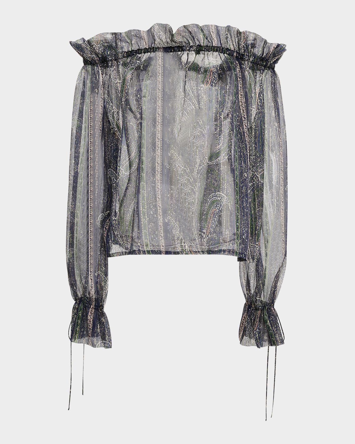 Saint Laurent Metallic Paisley Ruffle Off-The-Shoulder Blouse