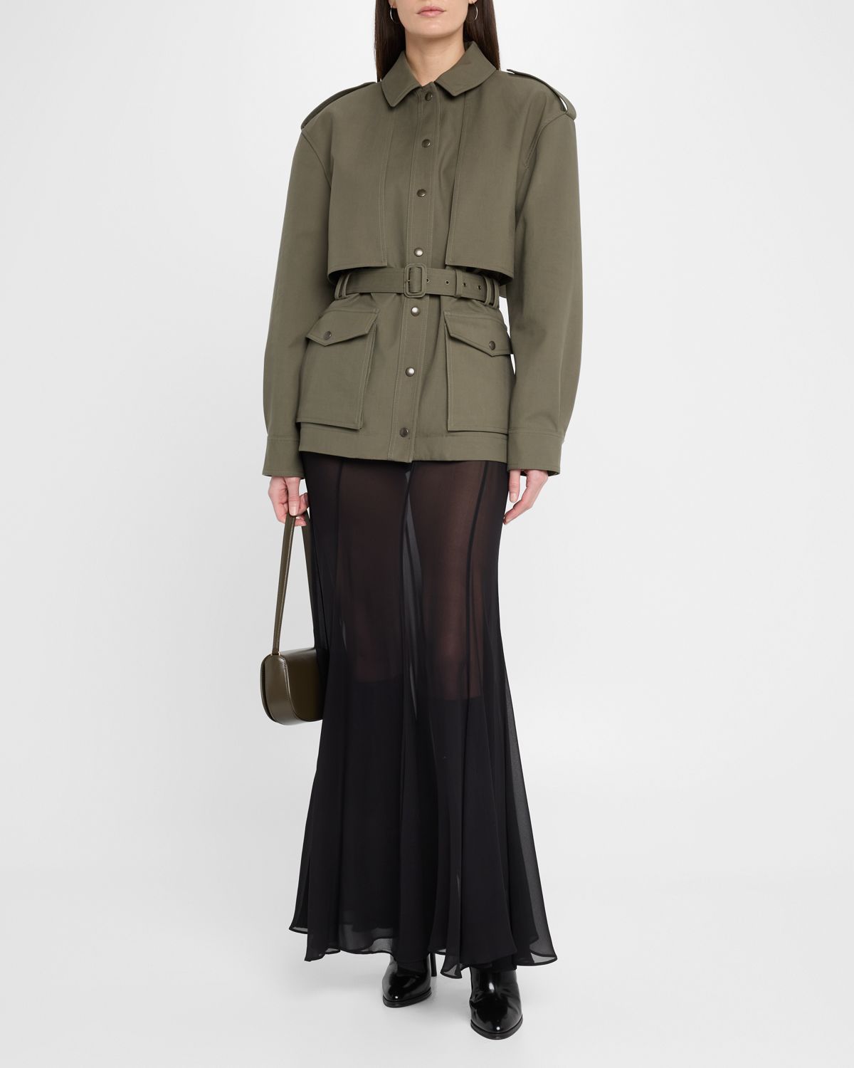 Saint Laurent Belted Long-Sleeve Button-Down Jacket