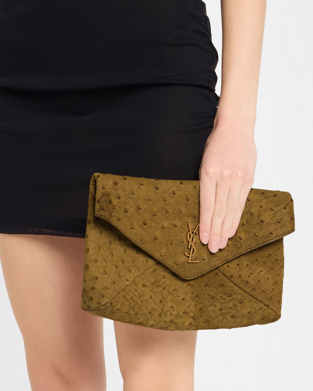 Saint Laurent Large YSL Envelope Clutch Bag in Ostrich Nubuck