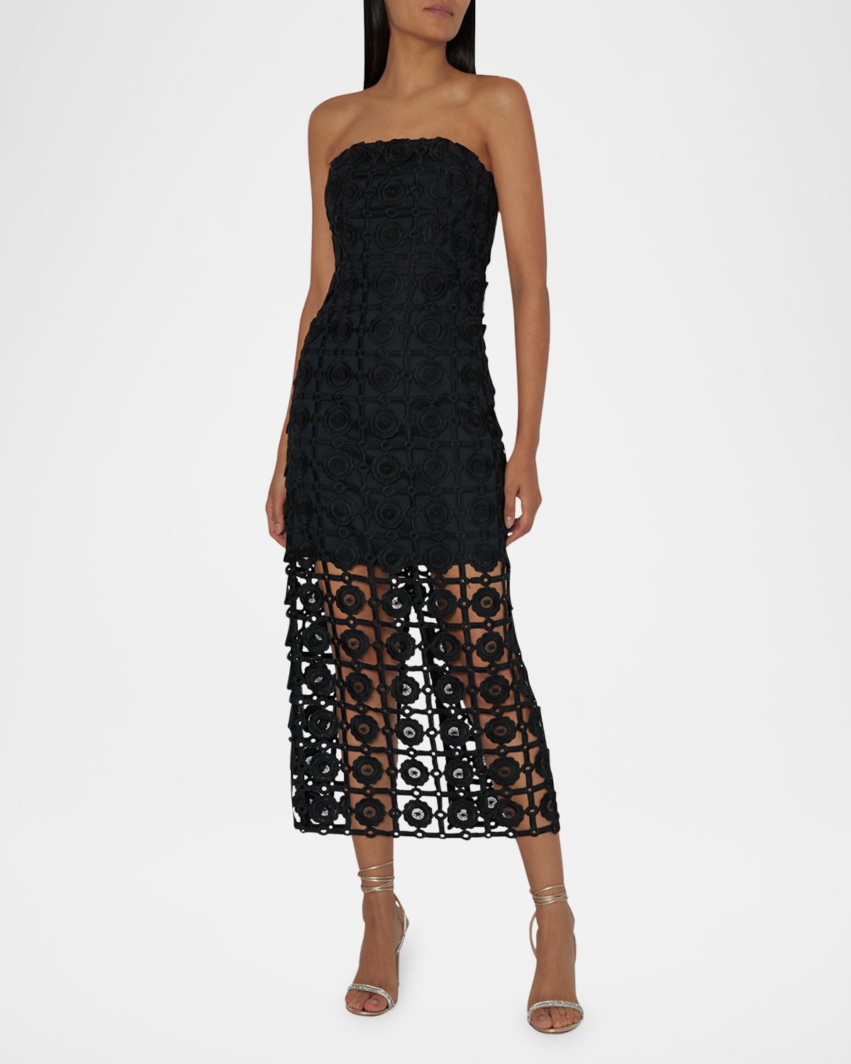 Milly Kait Strapless Tile Lace Midi Dress