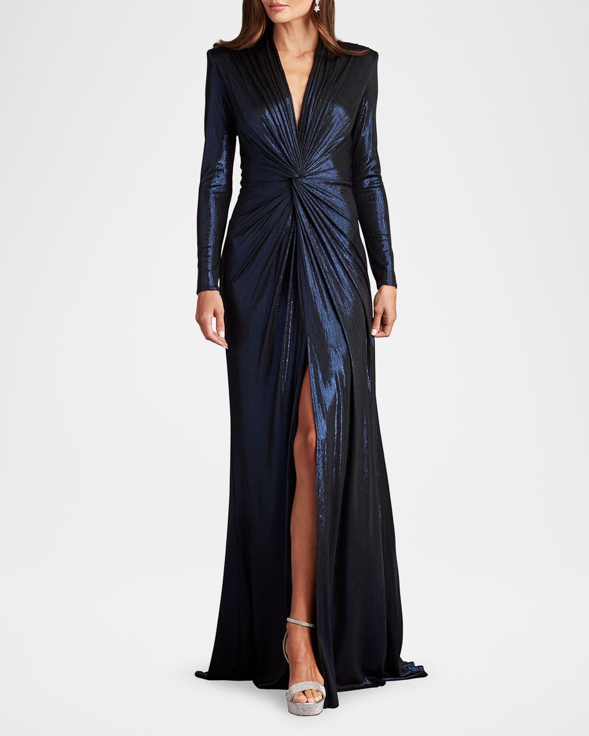 Tadashi Shoji Twist-Front Metallic Jersey Column Gown