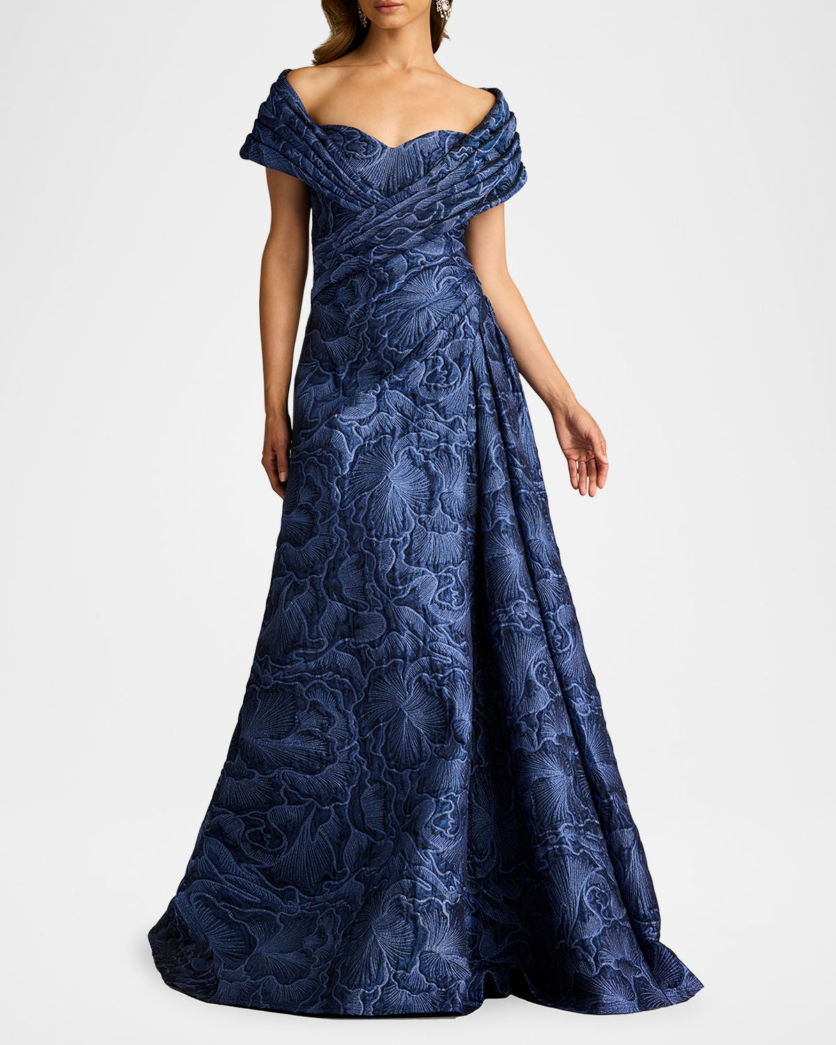 Tadashi Shoji Pleated Off-Shoulder Floral Jacquard Gown