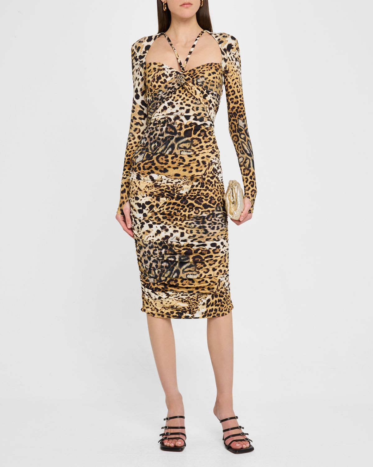 Roberto Cavalli Jaguar-Print Jersey Strappy Midi Dress