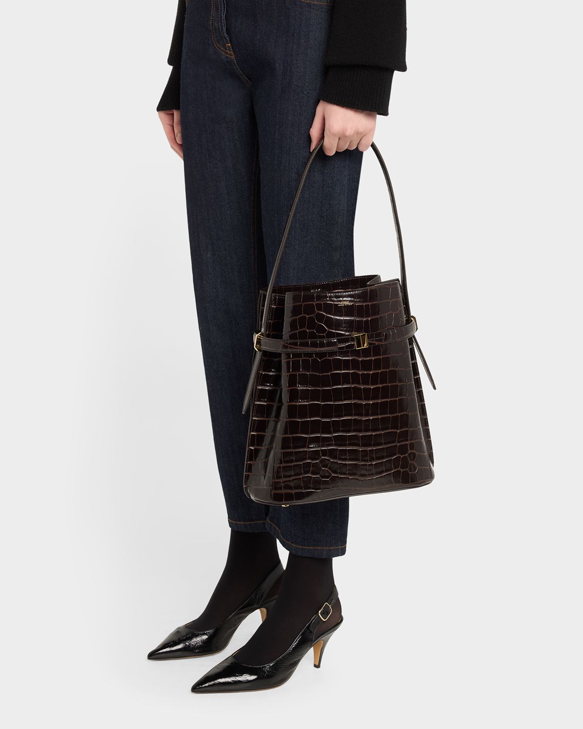 Toteme Belted Croc-Embossed Leather Bucket Bag