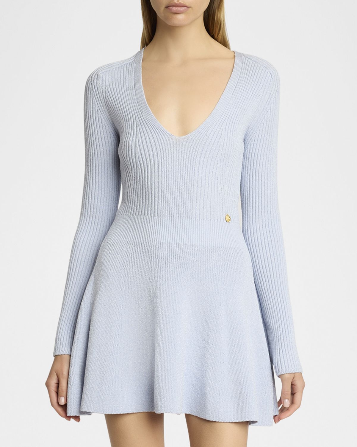 Balmain Plunging Long-Sleeve Rib Knit Mini Dress
