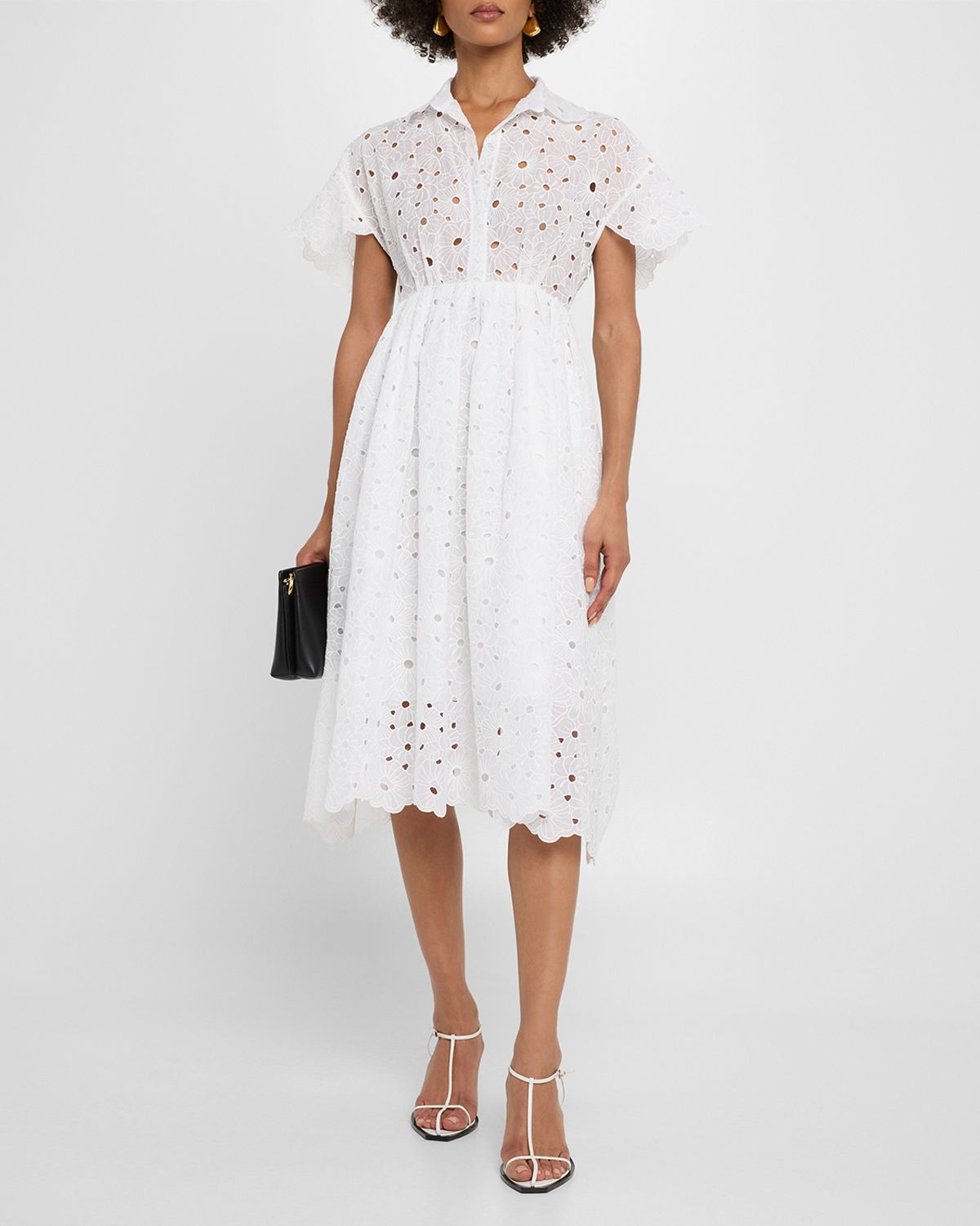 Dice Kayek Daisy Eyelet Short-Sleeve Midi Shirtdress With Camisole