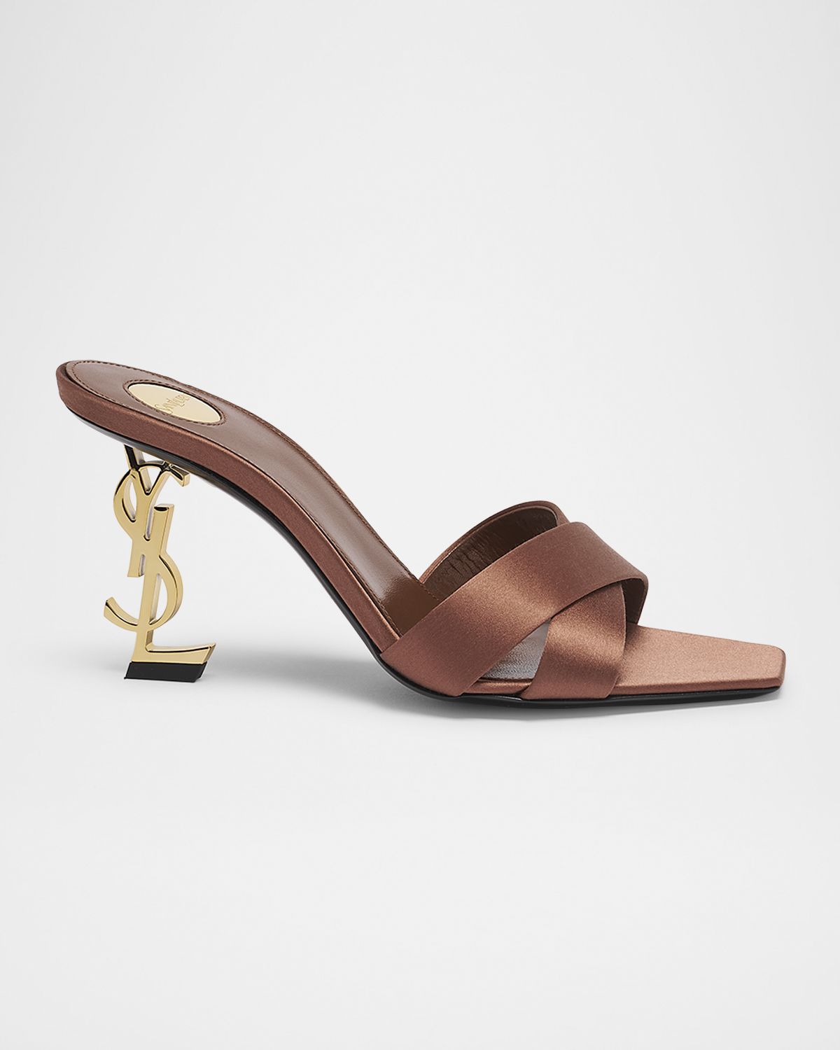 Saint Laurent 85mm Opyum YSL Satin Mule Sandals with Golden Hardware