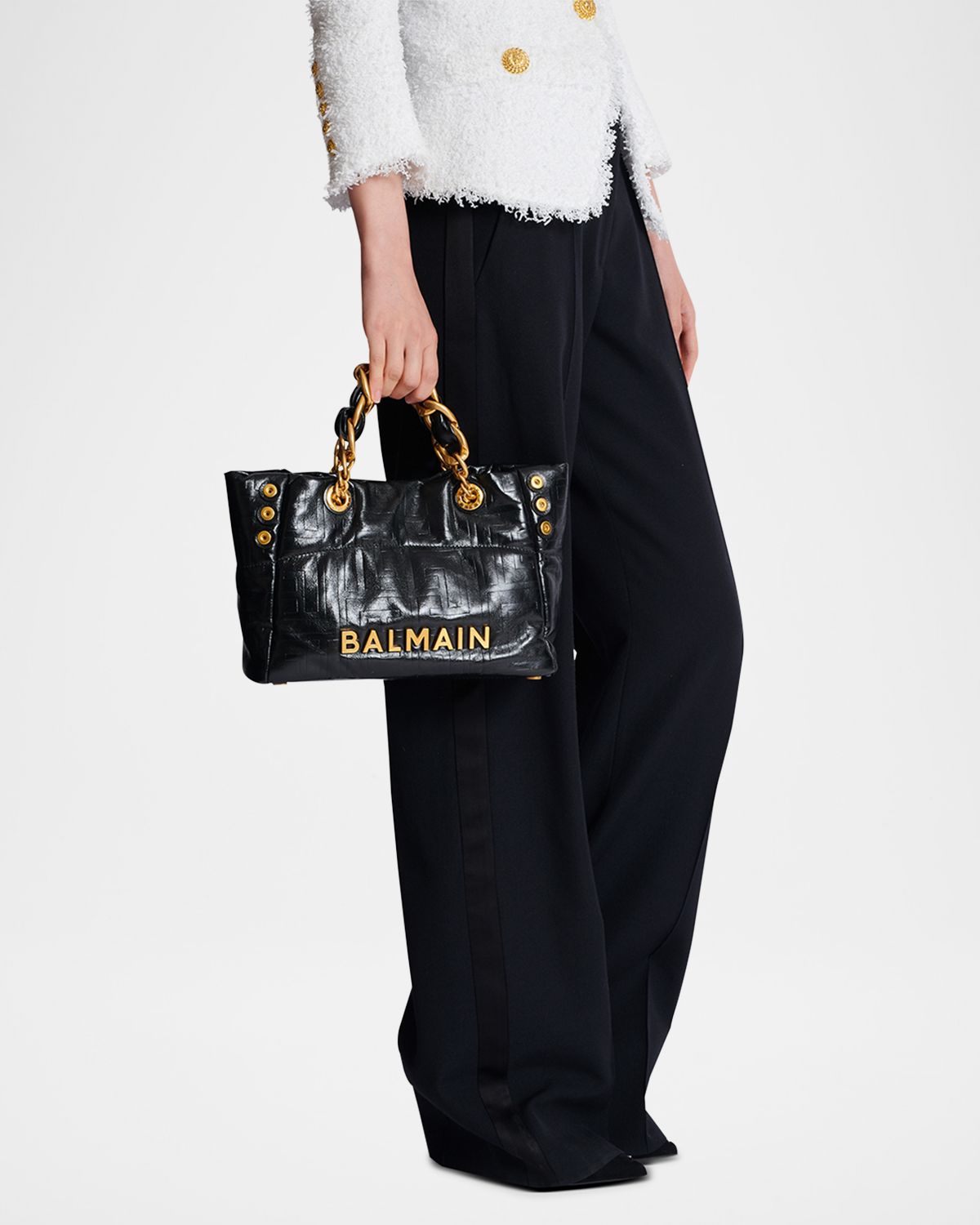 Balmain 1945 Small Tote Bag in Crinkled Soft Leather