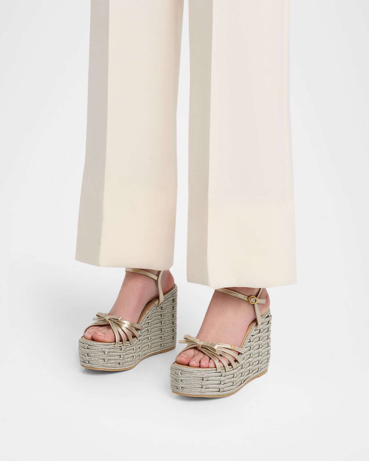 Valentino Garavani Metallic Bow Ankle-Strap Wedge Espadrilles
