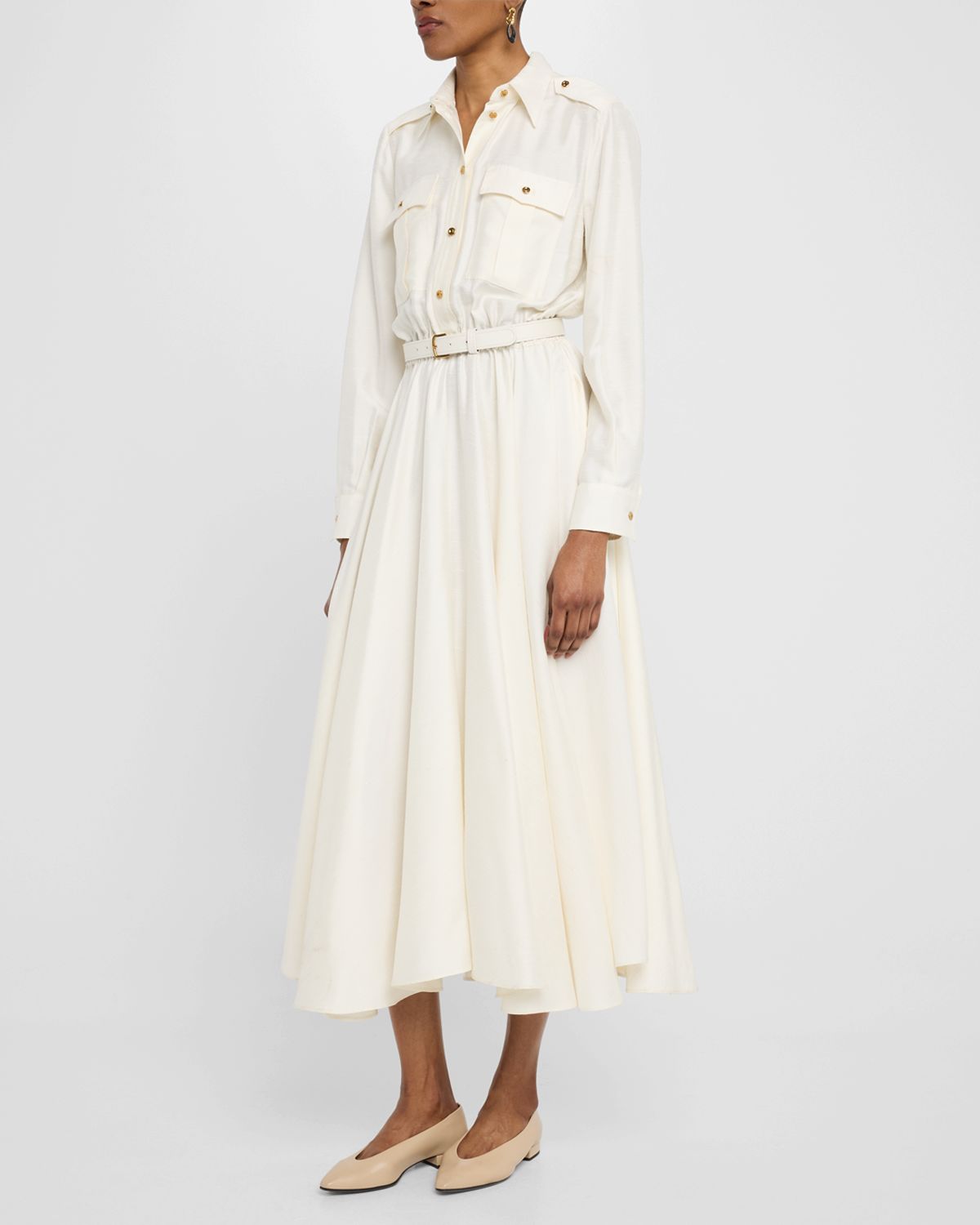Loro Piana Lela Shantung Nep Midi Shirtdress With Belt