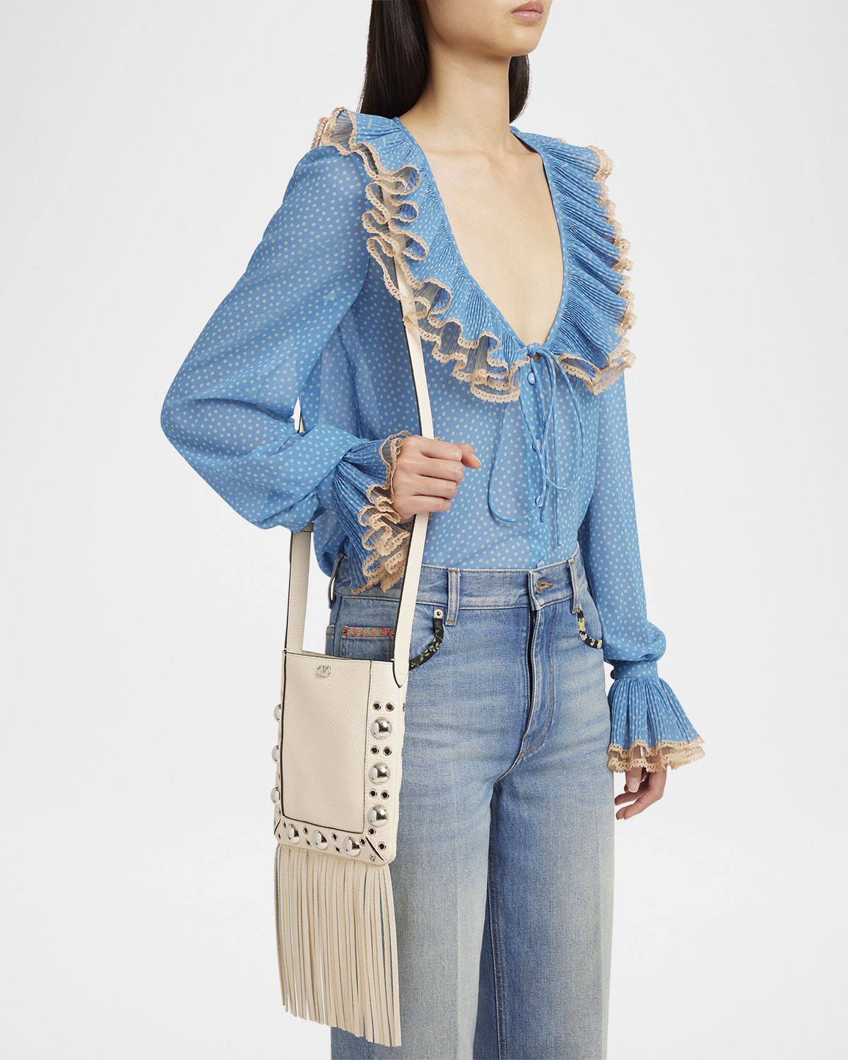 Valentino Garavani Nellcote Small Fringe Studded Leather Crossbody Bag