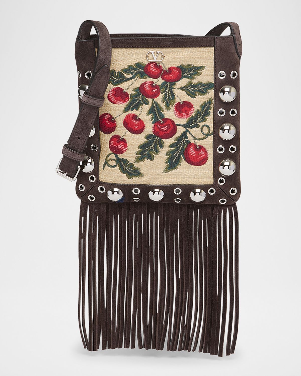Valentino Garavani Nellcote Small Fringe Jacquard Cherries Suede Crossbody Bag