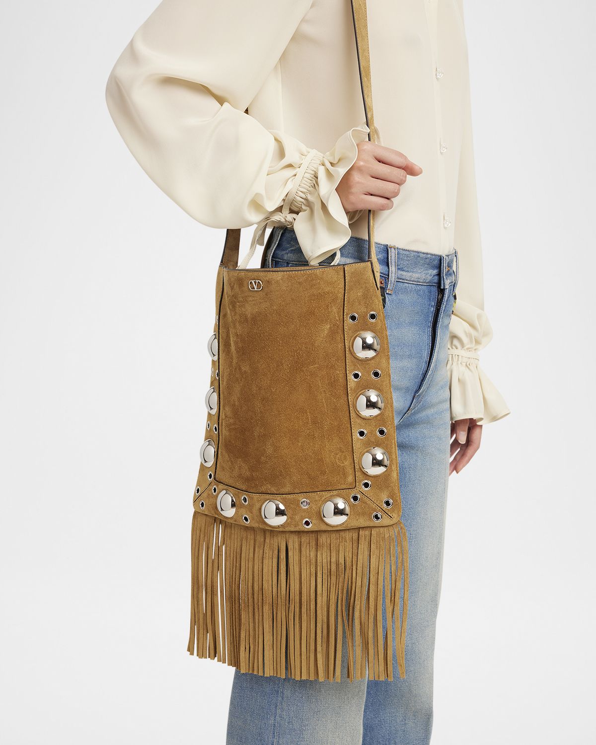 Valentino Garavani Nellcote Fringe Studded Suede Crossbody Bag