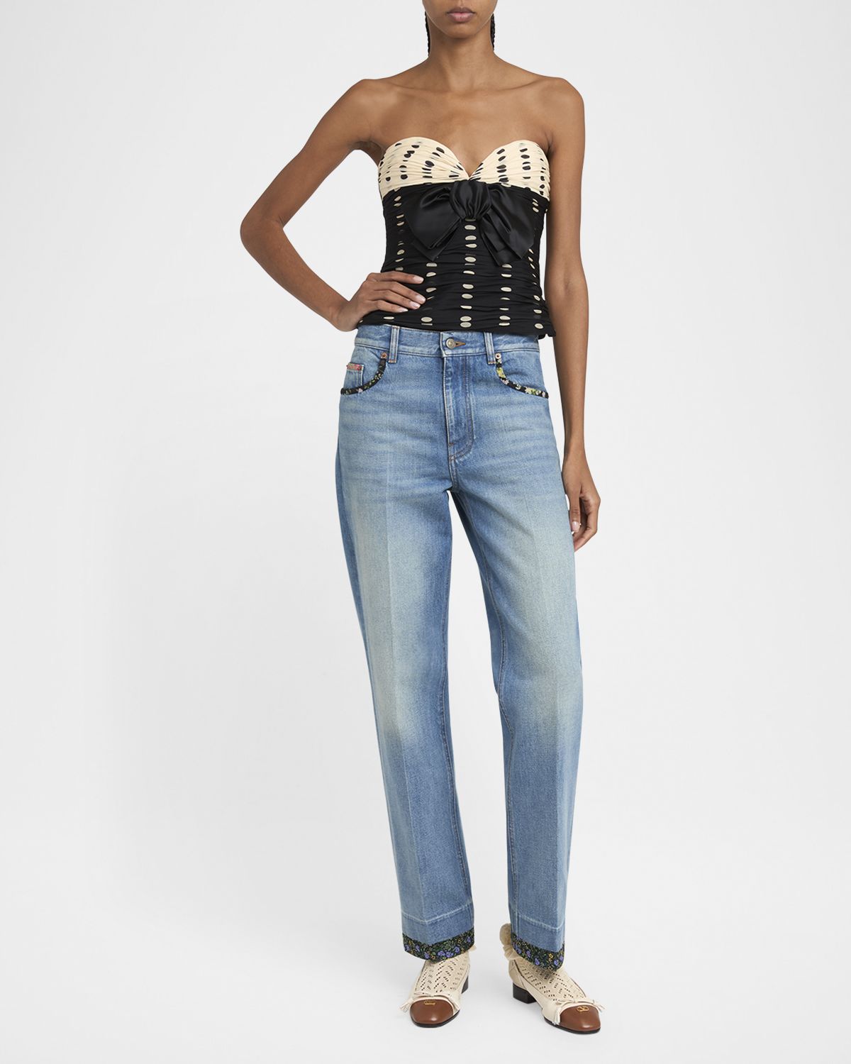 Valentino Garavani Floral-Print Trim Straight-Leg Denim Jeans