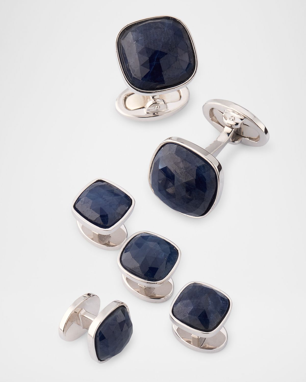 Jan Leslie Men 's Sterling Silver Sapphire Square Cufflink Stud Set