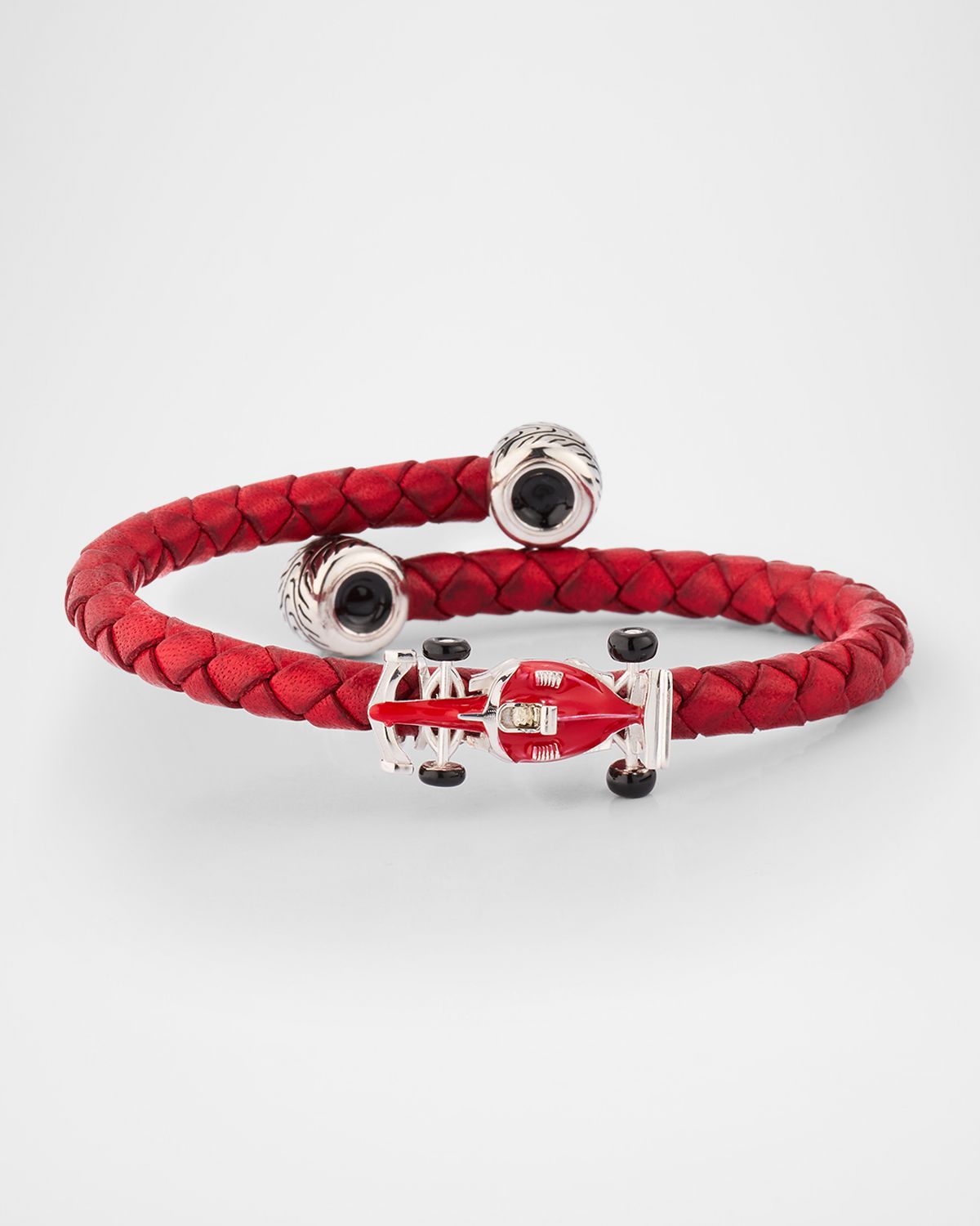 Jan Leslie Men 's Braided Leather Bracelet with Enamel Race Car