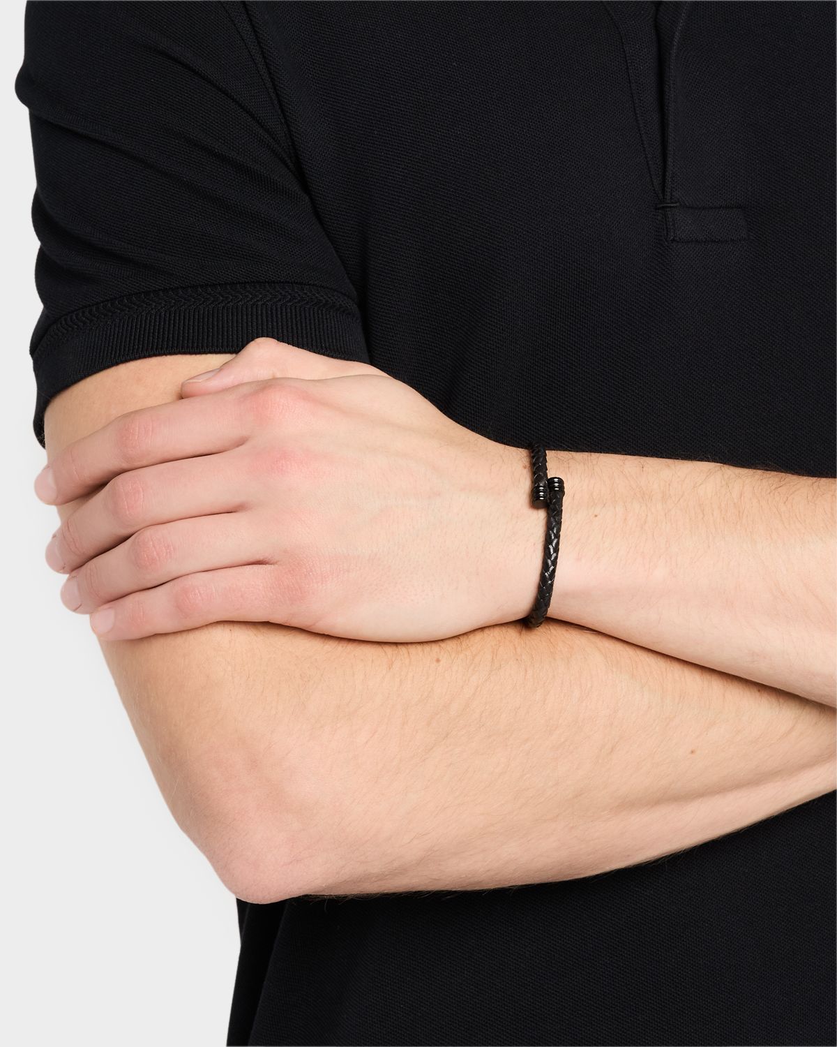 Link Up Men 's Flexible Braided Leather Bracelet with Stainless Steel