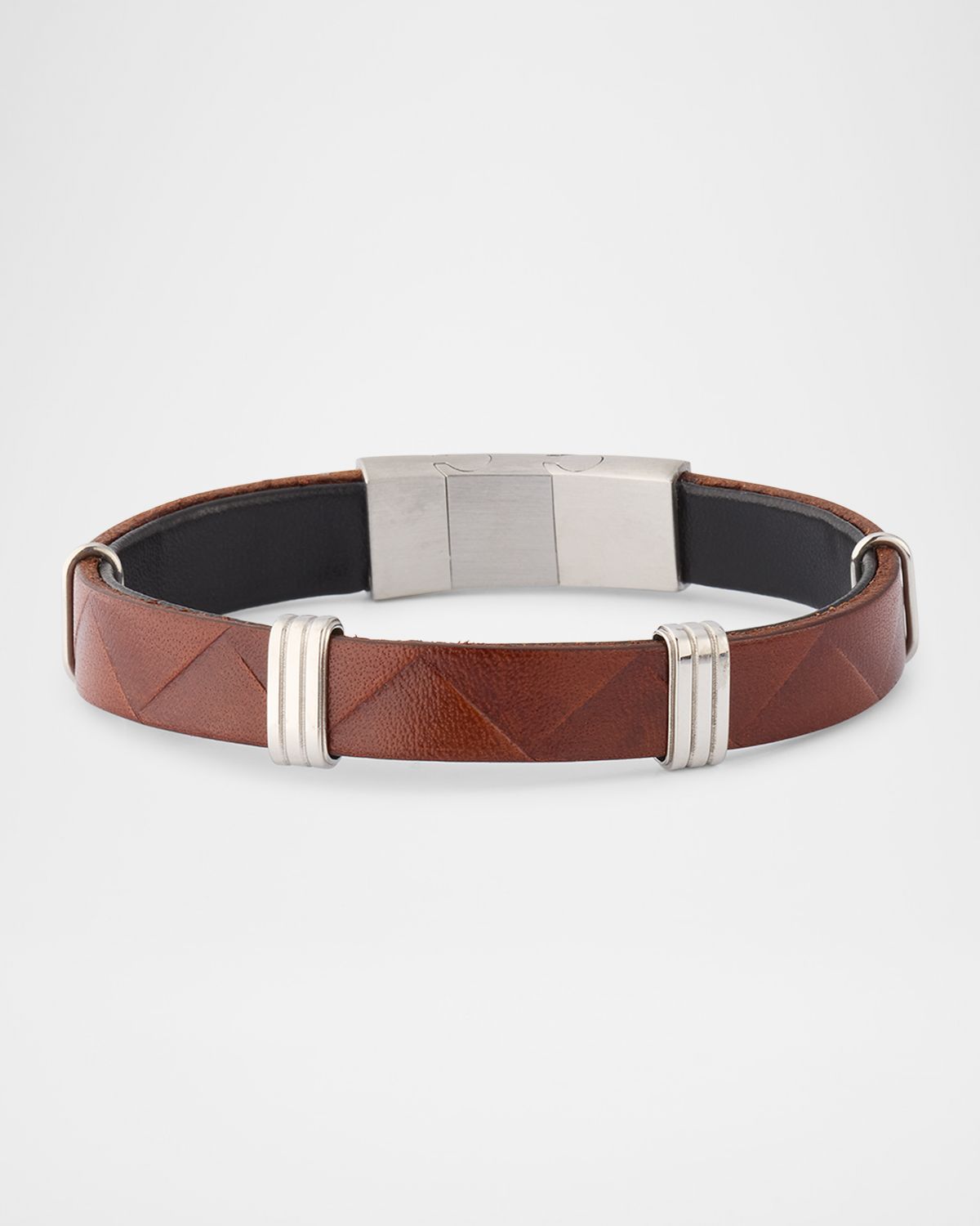 Link Up Men 's Embossed Chevron Leather and Stainless Steel Bracelet