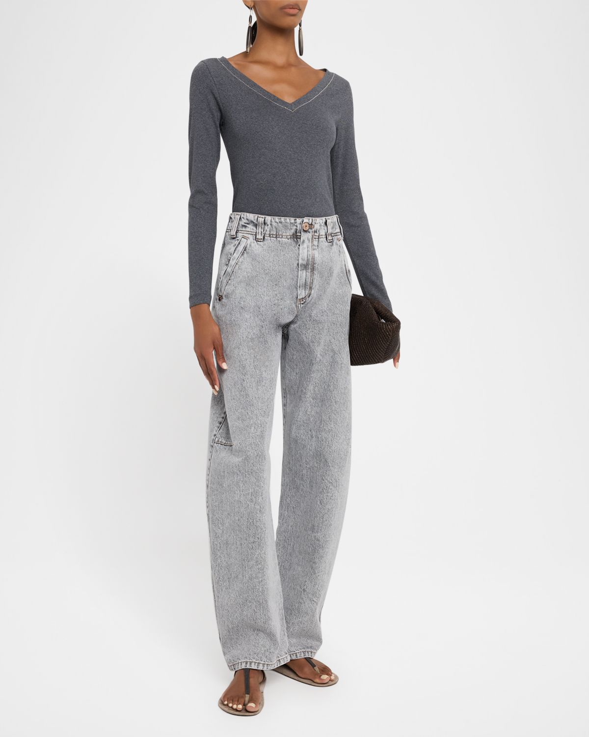 Brunello Cucinelli Monili V-Neck Long-Sleeve Cotton Rib Top