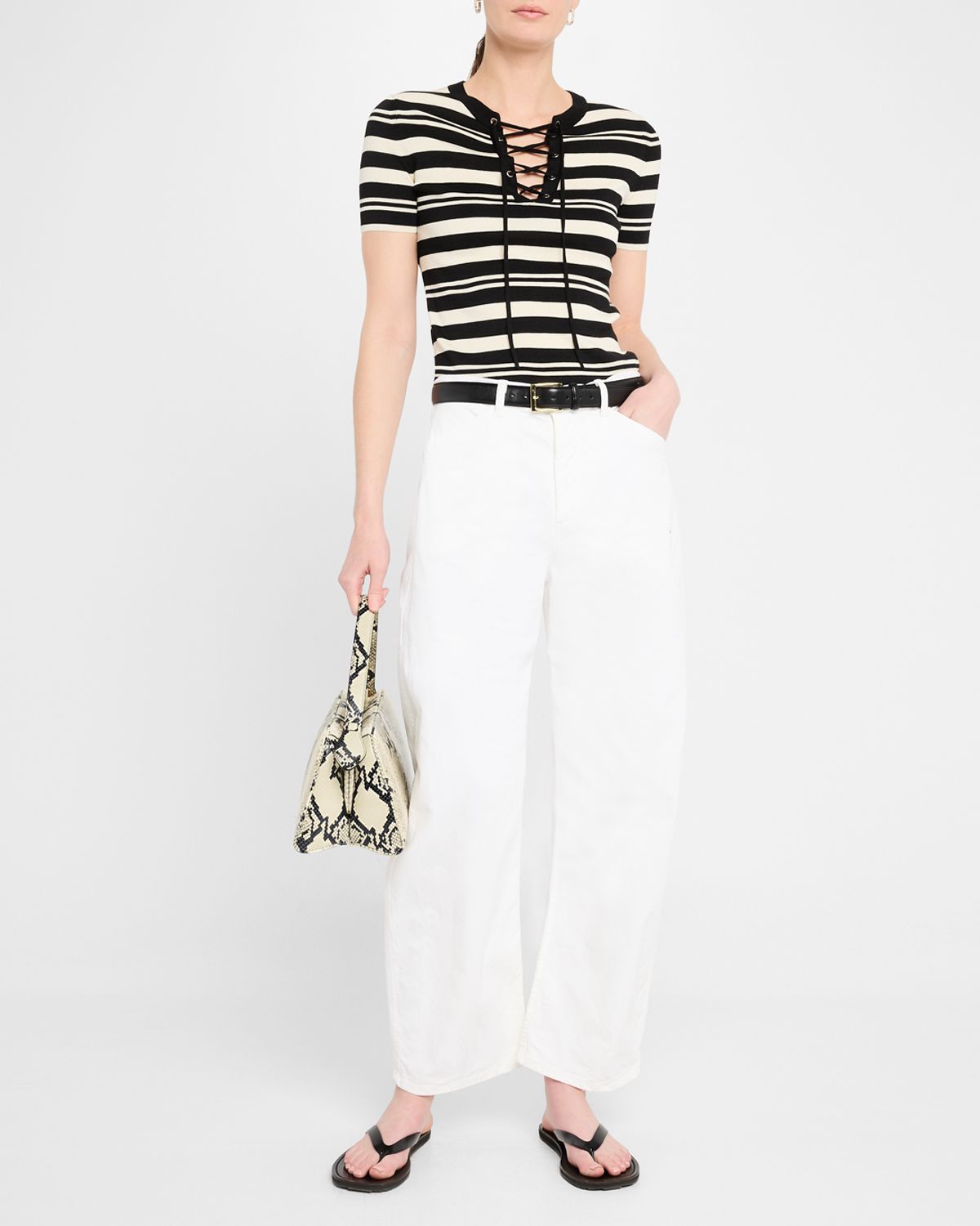 Nili Lotan Oaklynn Stripe Lace-Up Silk T-Shirt
