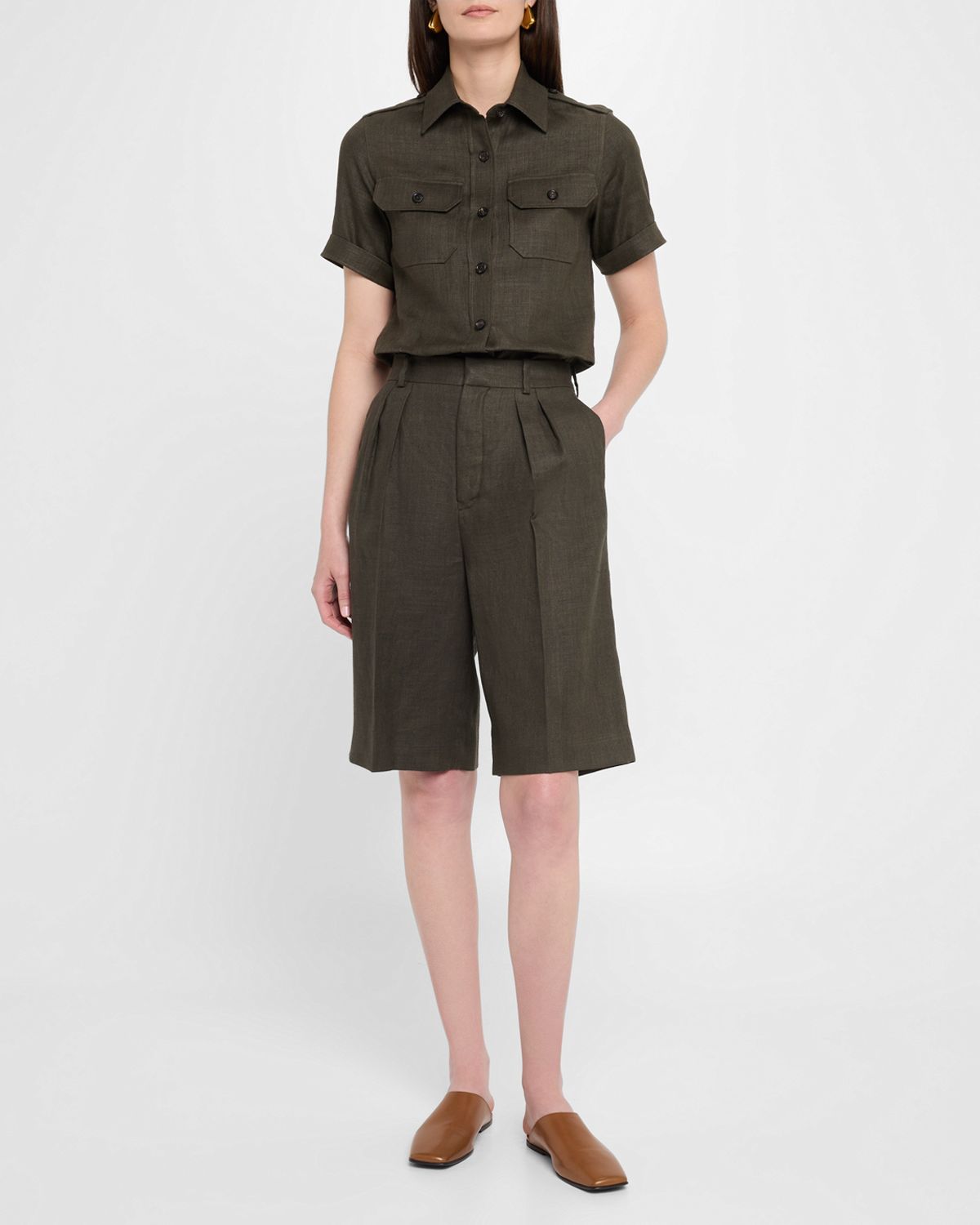 Loro Piana Digby Pleated Structured Linen Wool Bermuda Shorts