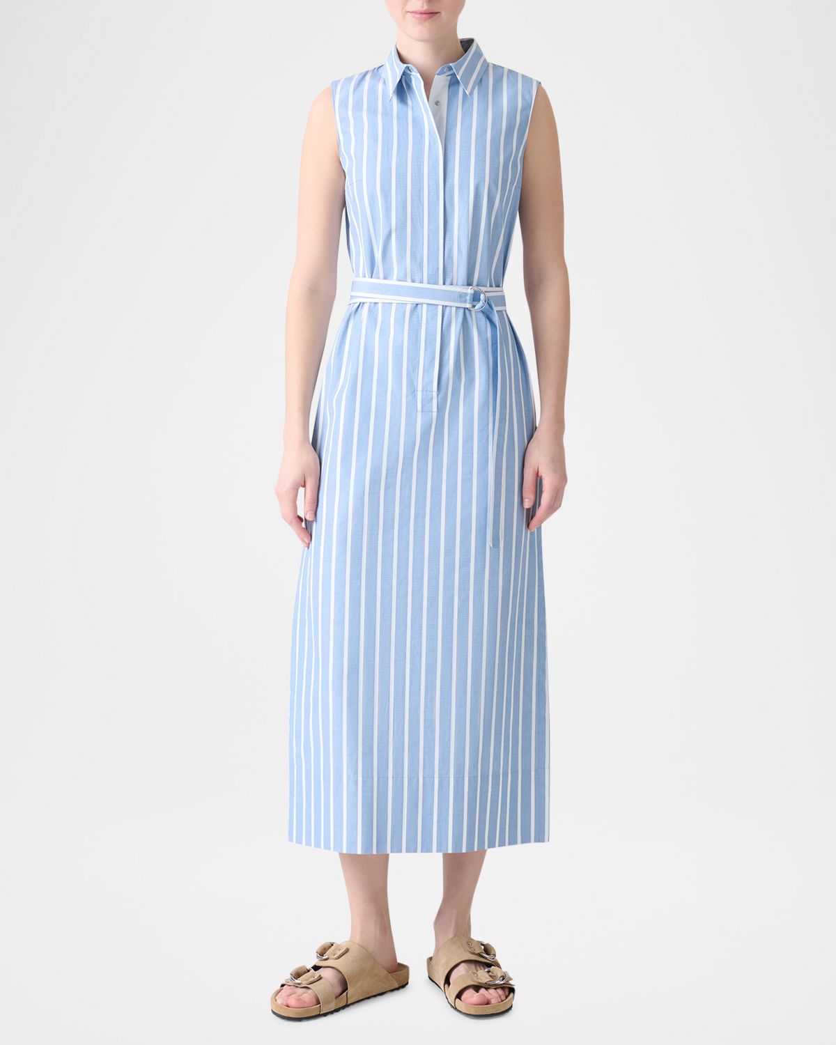 Akris punto Striped Sleeveless Belted Cotton Midi Shirtdress