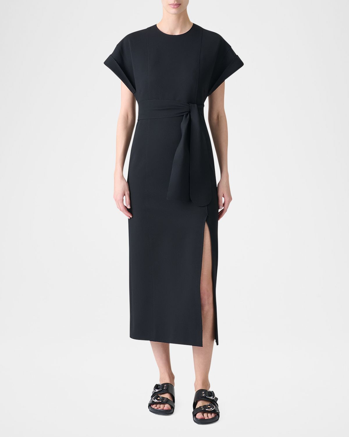 Akris punto XL Dot Cutout Short-Sleeve Belted Midi Slit Dress