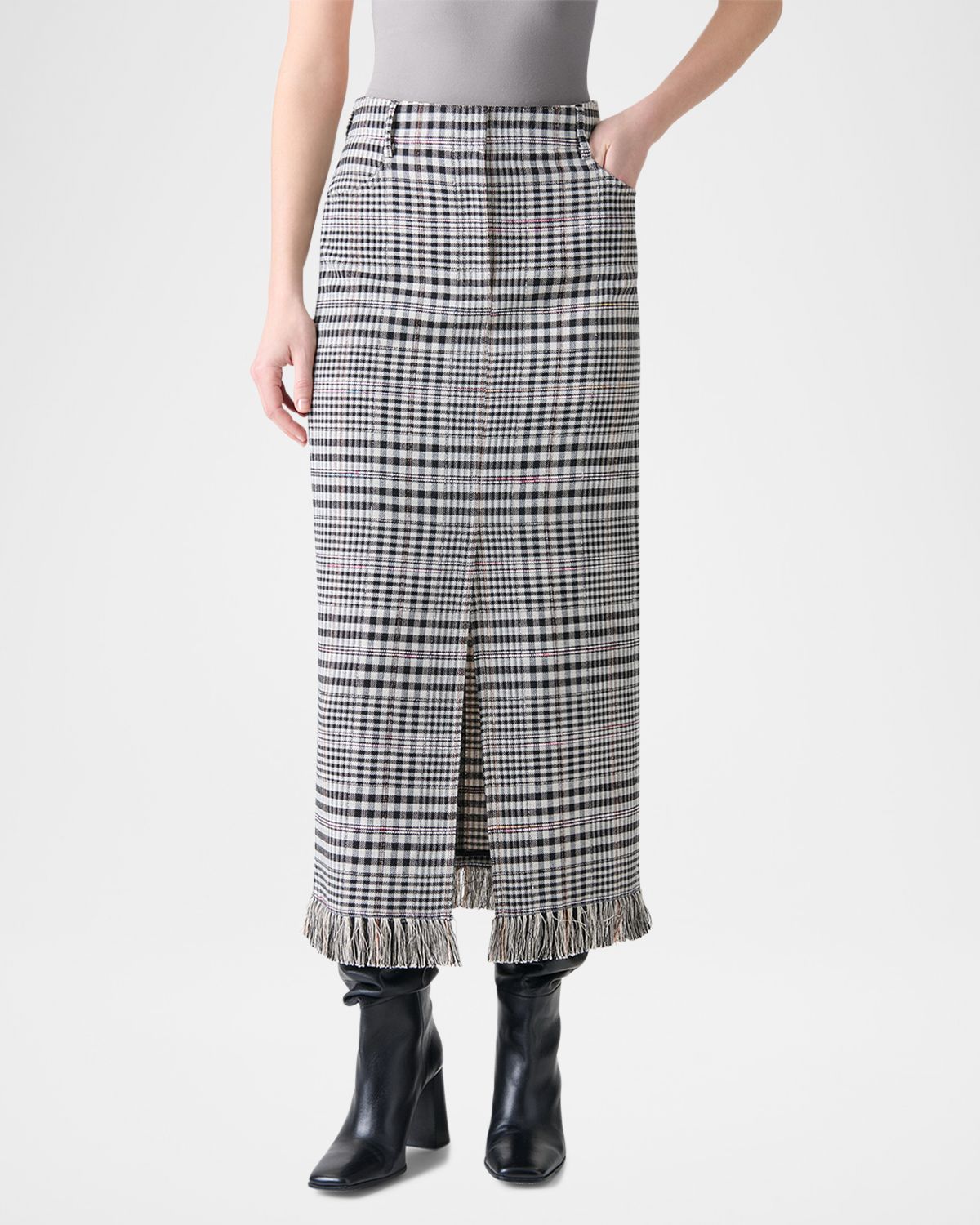 Akris punto Fringed Check Cotton-Blend Midi Skirt
