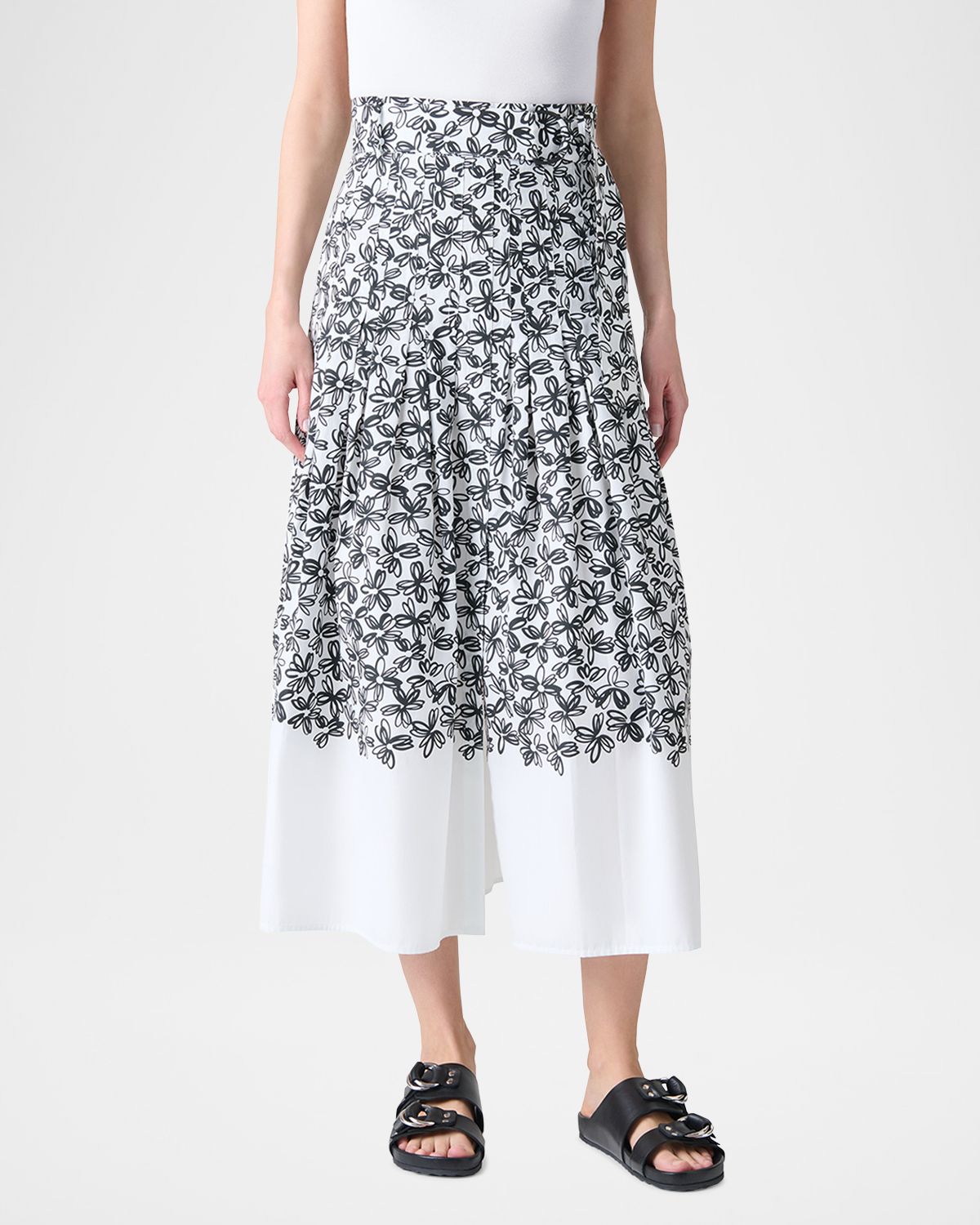Akris punto Daisy-Print Cotton Poplin Pleated Midi Skirt With Belt