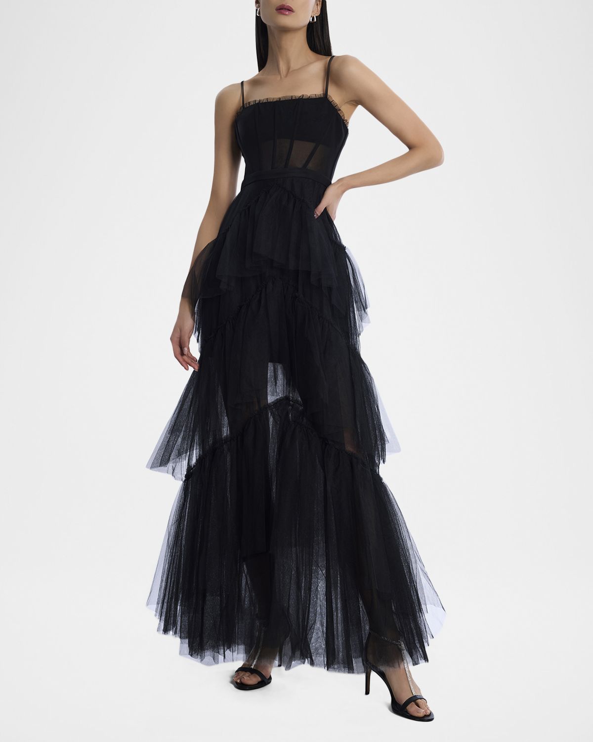 BCBGMAXAZRIA Oly Ruffle Tiered Corset Gown