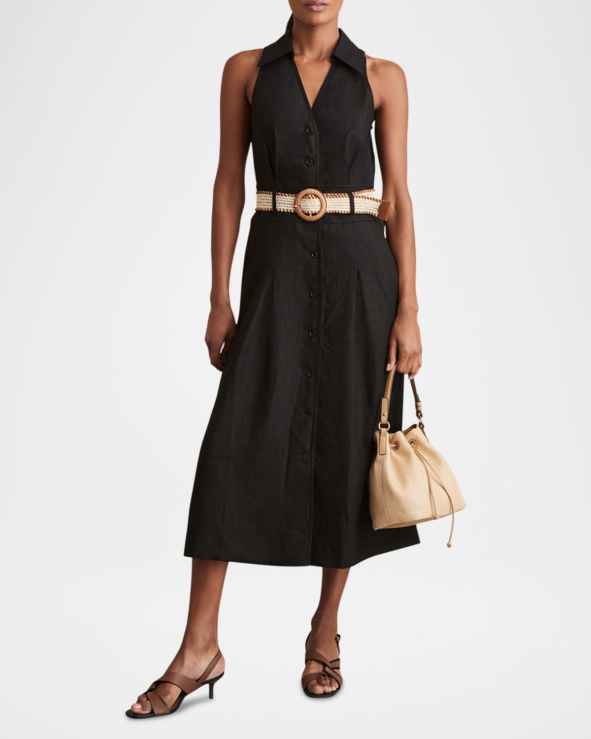 Reiss Annie Pleated Button-Down Linen Midi Dress