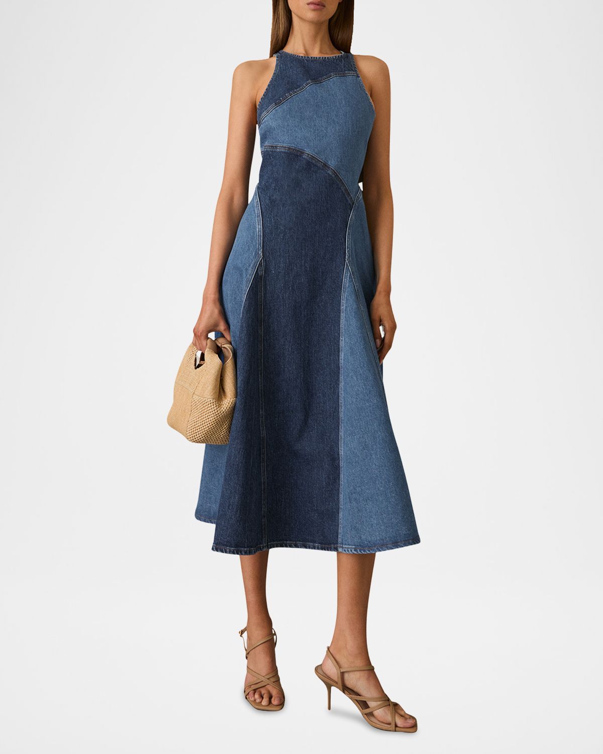 Reiss Wilder Patchwork Cotton Chambray Midi Dress