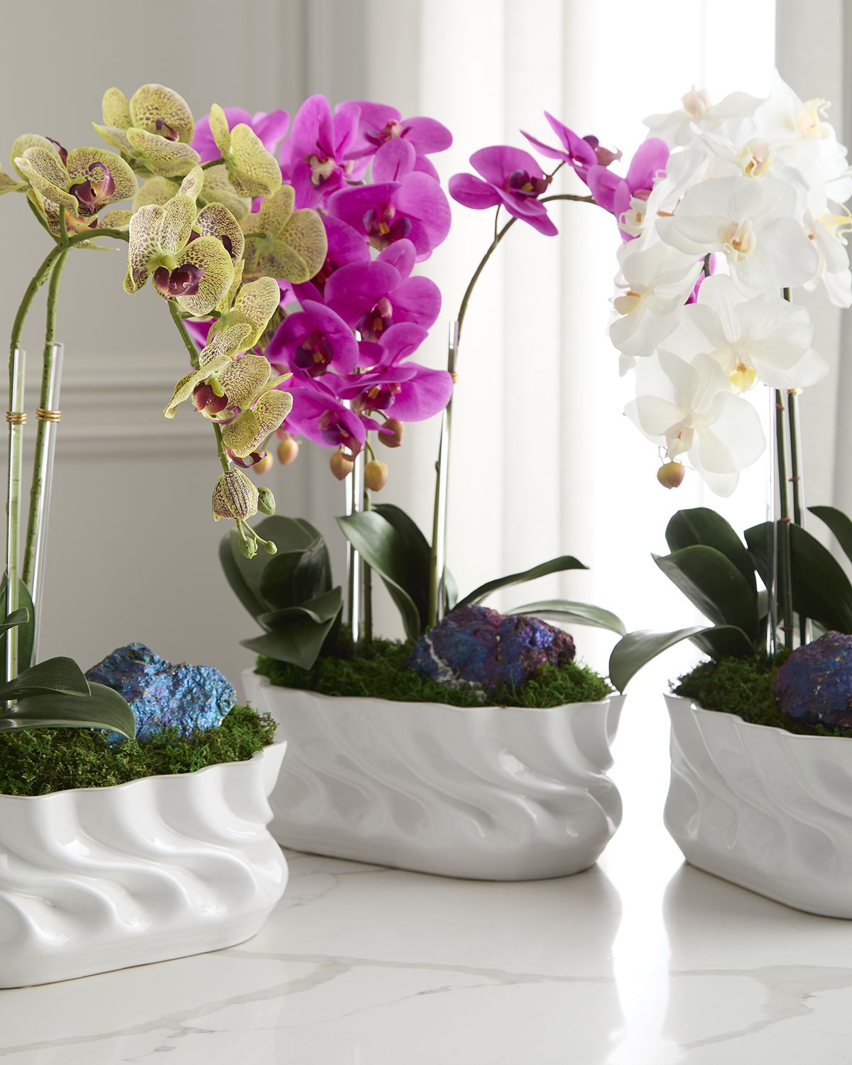 T & C Floral Company Triple Orchids with Peacock Ore 23" Faux Floral Arrangement in Ripple Vase | Thumbnail 8 T & C Floral Company Triple Orchids with Peacock Ore 23" Faux Floral Arrangement in Ripple Vase | Thumbnail 8