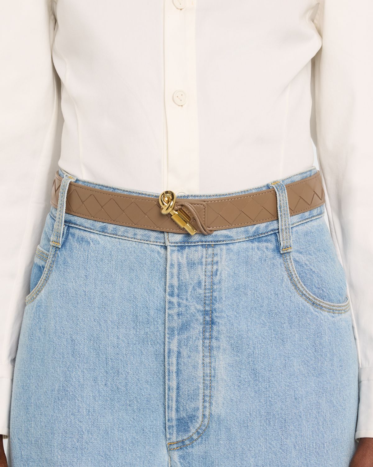 Bottega Veneta Watch-Buckle Intrecciato Skinny Leather Belt