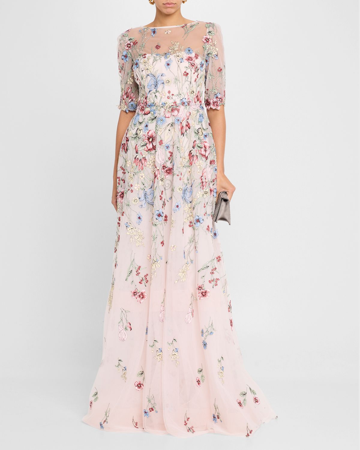 Rickie Freeman for Teri Jon Floral-Embroidered Illusion Tulle Gown