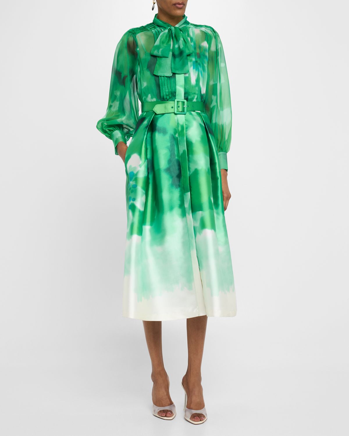 Rickie Freeman for Teri Jon Pleated Tie-Neck Mixed Media Midi Shirtdress